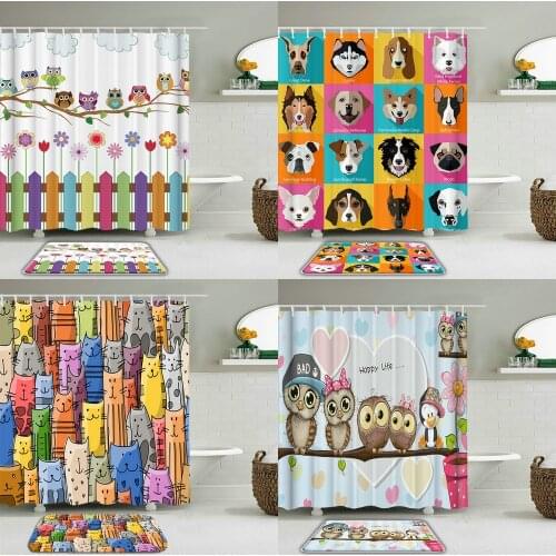 Lovely Cat Dog Owl Print Shower Curtain Set with Hooks High Quality Waterproof Cartoon Bathroom Curtain Bath Mat Home Decoration