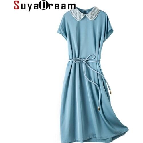 SuyaDream Woman Midi Dress 100% Silk Double Joe Bat Sleeves Beading neck Dresses 2021 Spring Summer Solid Sashes Dress