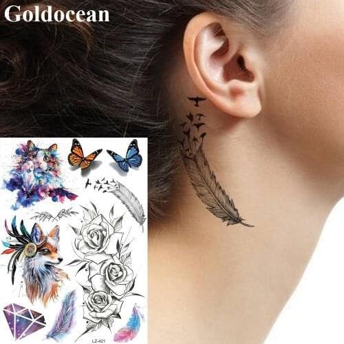 GoldOcean Birds Feather Ear Fake Waterproof Tattoos Sticker Custom Arm Women Temporary Tattoo Body Art Makeup Tips Tato Supplies