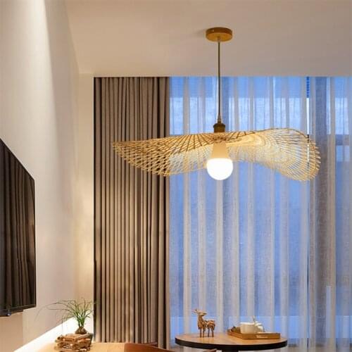 Vintage Bamboo Pendant Light Creative Art Straw Hat Pendant Lamp Living Room Pendant Lights and Dining Room Chandelier Fixtures