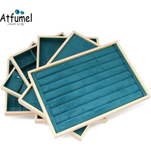 Natural Wood Fram Jewelry Display Tray Green Microfiber Ring Necklace Earring Jewelry Display Organizer Showcase Box Stud Props