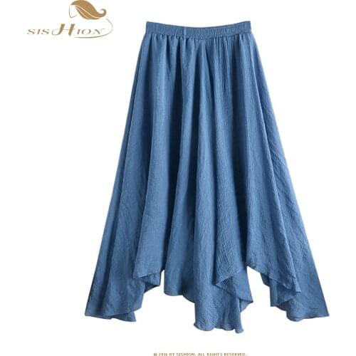 SISHION 2021 Korean Style Irregular Skirt femme jupes SP1342 Women Summer Black White High Waist Linen Midi Skirt falda
