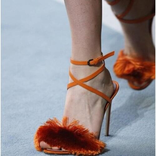 Carpaton Orange Cross Over Fringe Stiletto Heel Ankle Strap Sandals Woman Sexy Runawy high Heel Shoes Open Toe Dress Heels