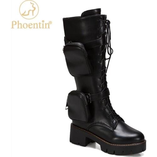 Phoentin pocket bag knee high boots for women boots for motocross 2020 lace up ladies winter shoes with zip platform FT1139