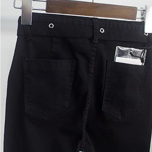 2020 Autumn Winter Women Warm Fleece Denim Pencil Pants Sashes High Waist Zippers Ladies Streetwear Black Slim Fit Jeans Female