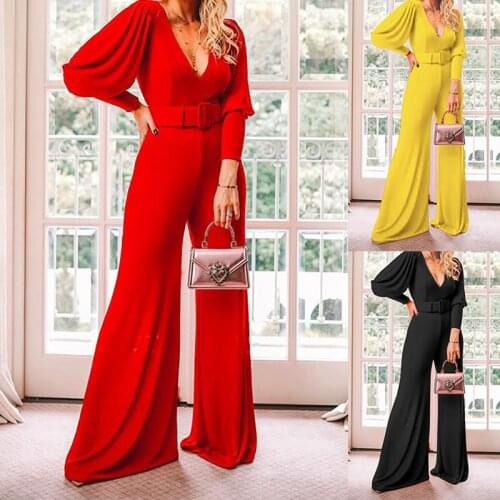 2020 Women Sexy V-neck Jumpsuits Elegant Ladies Wide Leg Jumpsuits Trousers Long Sleeve High Waist Belt Wide Leg Rompers W1908