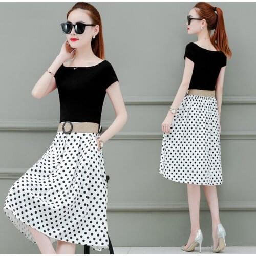 2021 New Women Summer 2-piece Set Off Shoulder Basic Tees+High Waist Leaf Print Skirt Sets Fashion Suit With Free Braided Belt