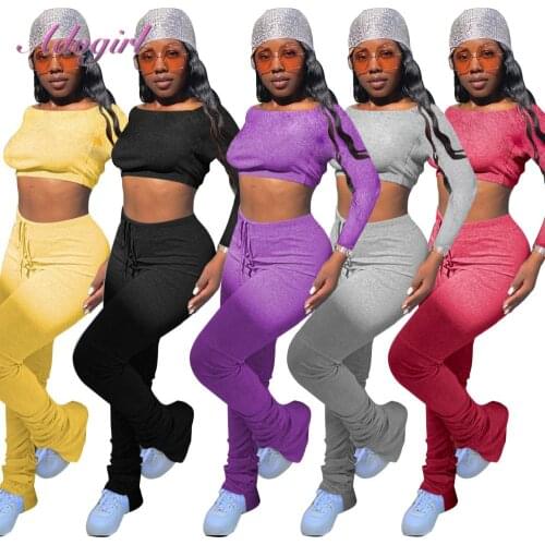 WomenS Set Autumn Casual Off Shoulder Long Sleeve Crop Tops Tee Stacked Flare Pants Suit Joggers Two Piece Set Outfit Tracksuit