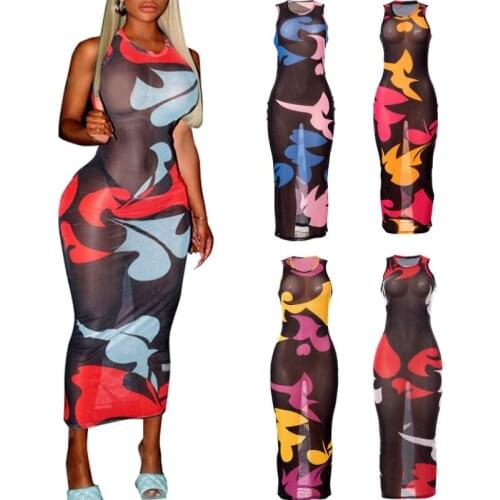 Womens Casual Sleeveless Long Dress Sexy Printing Mesh Yarn Perspective High Waist Skinny Dress