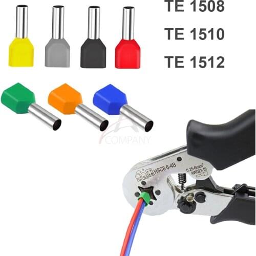 100PCS TE1508 TE1510 TE1512 tube type pre insulated terminal cold pressed terminal two line connection wiring copper nose