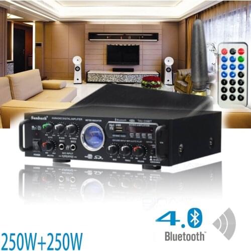 KYYSLB 12V110V220V 250W*2 Car Bluetooth Amplifier Audio AV Square Stage Professional Home Amplifier USD FM with Karaoke Reverb