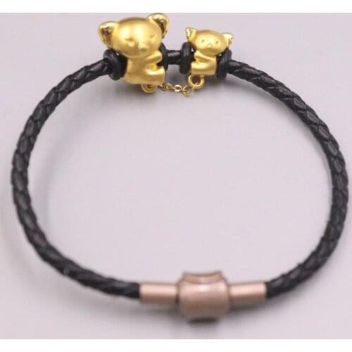 999 24K Yellow Gold Bracelet Real Gold Bear Mother and Son 3D Hard Gold Lucky For Women Female 's Man Bracelet