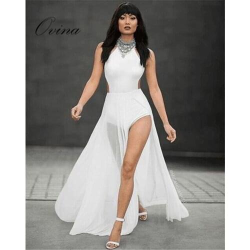 Black White Pretty Women Dresses Sleeveless Spli Slitted Mesh Bandage Dress Evening Party Dress