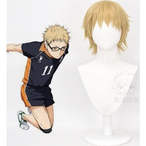 Cos Gift Cos Gift Anime Haikyuu Wig Kei Tsukishima Short Light Golden Hair Cosplay Wig Role Play Halloween Hair Synthetic 30cm