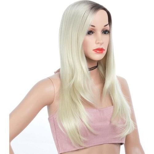 GRES Long Straight Cosplay Wig for Woman Heat Resistant Fiber Two Tone Wig Ombre Blonde Synthetic Wigs with Side Part