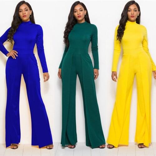 European and American fashion round collar long sleeve wide leg jumpsuit 1pcs/lot