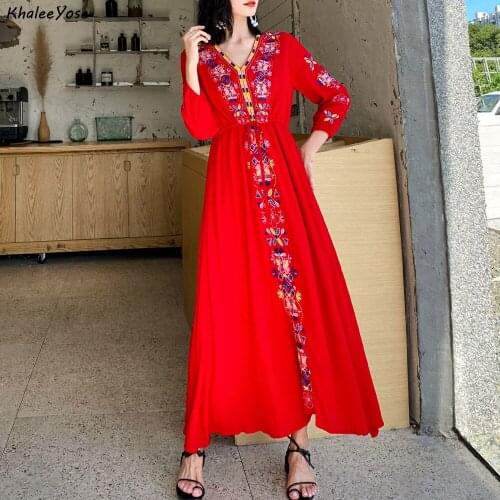 KHALEE YOSE Red Floral Embroidery Maxi Dress Spring Autumn Vintage Dresses Women Long Sleeve Lady Casual Ethinic Chic Dress New