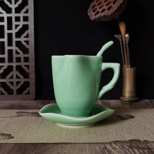Coffee Mug 6.7oz Teacup and Saucer Set Porcelain Drinkware Microwave and Dishwasher Safe Ceramic Tableware Chinese Celadons Cup