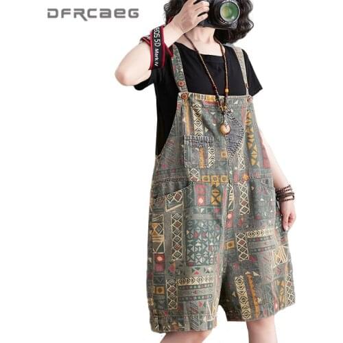 Vintage Geometric Print Short Overalls For Women 2021 Summer Loose BF Retro Jeans Wide Leg Jumpsuits Pants Female