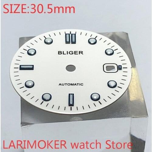 BLIGER sterile 30.5mm square dial date kit ETA 2824/2836 Miyota 8215/8205/821A movement mens watch night plate part white