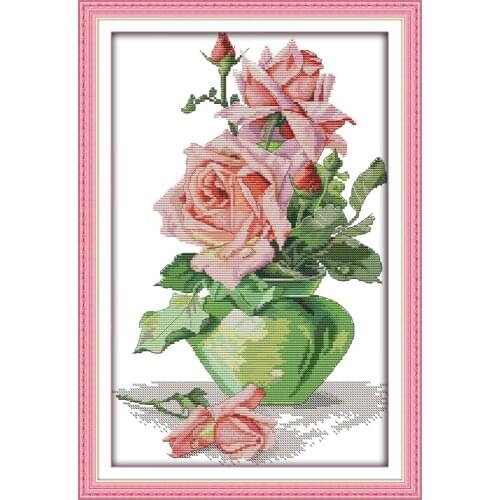 Rose and vase cross stitch kit aida 14ct 11ct count printed canvas stitches embroidery DIY handmade needlework