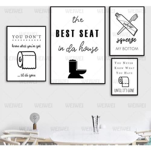 Home Decoration Canvas Painting Toilet Paper Toothbrush Toothpaste Toilet and Other Black Simple Strokes Posters for Bathroom