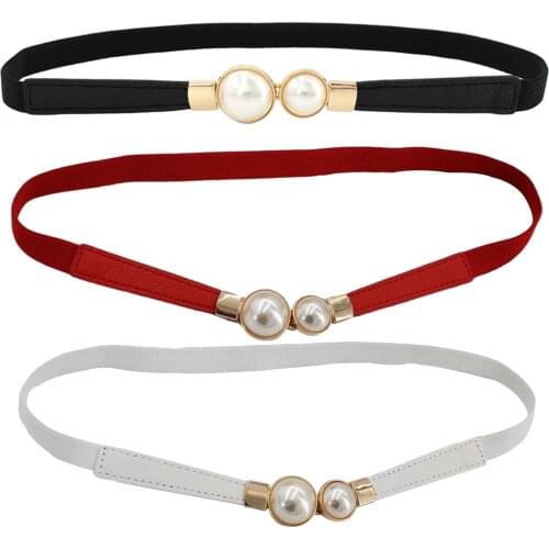 Women Double Pearl Belt Female Black Red White PU Leather Dress Skirt Waist Elastic Thin Belts Ladies Designer Waistband