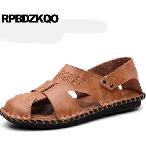 Fashion leather breathable beach black roman closed toe shoes waterproof men gladiator sandals summer brown designer native flat