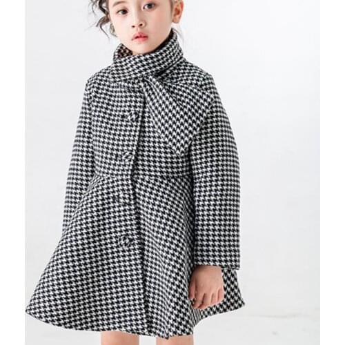 Baby Girl Houndstooth Wool blends Outerwear Long Jacket Coat For Kids woolen princess plaid Coat