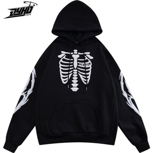 High Street Streetwear Sweatshirt Hoodie 2021 Autumn Men Skeleton Hooded Pullover Harajuku Cotton Loose Fleece Sweatshirt Hoodie