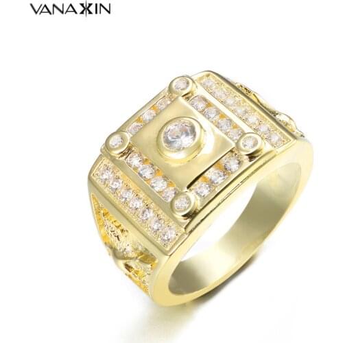 VANAXIN Camera Shape Punk Rings For Men Gold Color Rhodium Plated AAA CZ Shiny Jewellery 2018 New Design Fashion Ring Male Gift