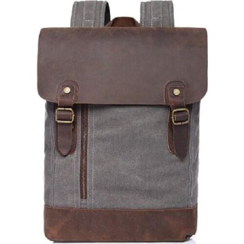 M217 Vintage Gray Canvas Leather Backpacks for Men Laptop Daypacks Durable Weekend Canvas Rucksacks Large Travel Back Packs New