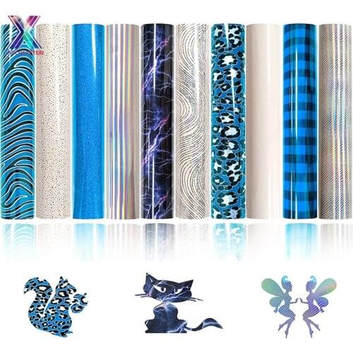 XFX HTV Blue Holographic Laser Heat Trasnfer Vinyl HTV 10 Pack 12x10 in Blue Animal Glitter Lightning Printed Tshirt Iron on HTV
