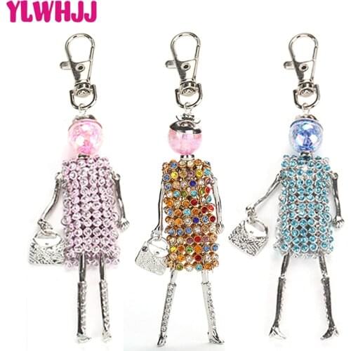 YLWHJJ new women cute Colorful rhinestones doll bag keychain girl car pendant baby crystal key chains trendy statement jewelry