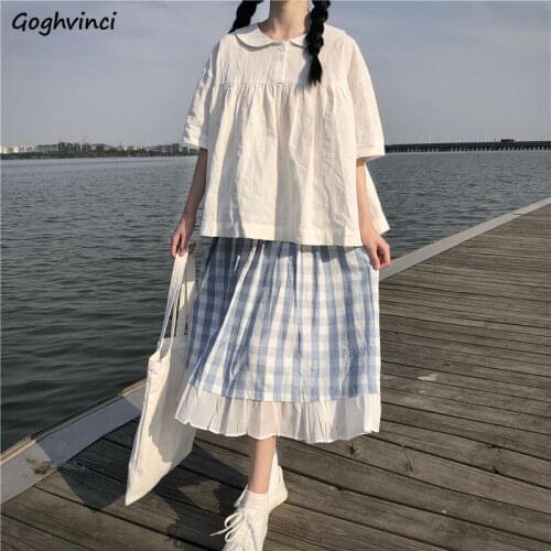 Skirts Women Summer Sweet Girls Preppy Style Harajuku Plaid Ruffles Elastic High Waist Mid-calf Loose All-match Jk Kawaii Daily
