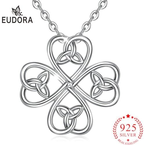 EUDORA New 925 Sterling Silver Celtic knot Clover Pendant Flower trinity knot Necklace good luck Lady Jewelry Wedding Gifts D128