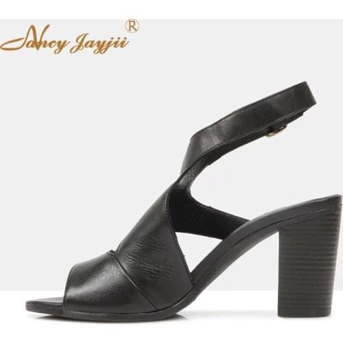 Women Sandals Ankle-Wrap Patent Leather Buckle Strap Solid Super High Square Heels Office&Career Party Mature Concise Ladies