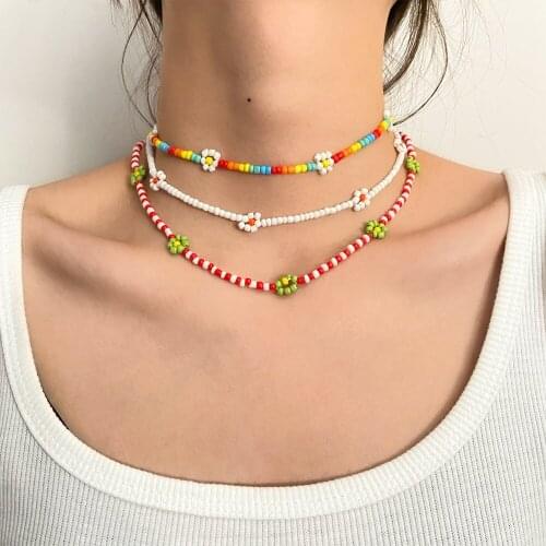 VKME Bohemian Fashion Colorful Beaded Pearl Necklace For Women Charm Little Daisy Pearls Choker Womans Bead Necklaces Jewelry