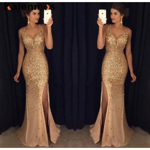 Sexy Evening Party Long Dress Women V Neck Empire Floor-Length Sequin High Split Dress Wedding Prom Party Night Banquet Dresses