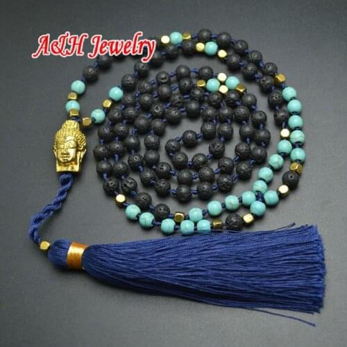 5pcs High Quality Handmade 6mm Howlite Lave Chain Blue Black Tassel With Gold Guanyin Pendant Fashion Sweater Chain Necklace