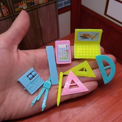 9pcs/set 1:12 Dollhouse stationery kit ruler Abacus computer Calculator pen