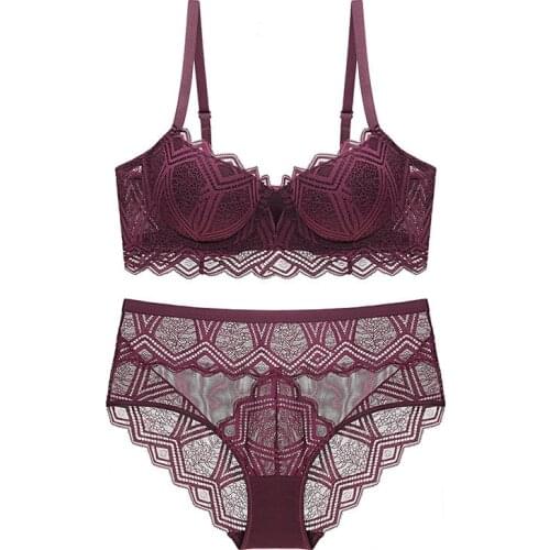 Women Breathable Comfortable Push Up Bra Brief Set Thick Padding Underwear Lace Bralette Set Transparent Bra And BRIEF Sets