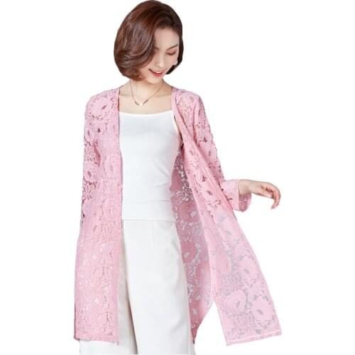 2019 Summer Women Mid-Long Cardigan Thin Lace Casual Print Shawl Wild Sun Protection Clothing Outwear Large Size 3XL Female