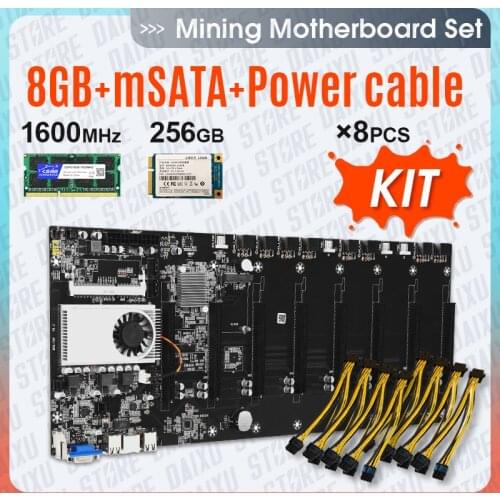 8 GPU Bitcoin Crypto Etherum Mining motherboard Set Kit Combo with 8GB DDR3 1600MHz RAM 1037U and 256GB mSATA SSD Power Cable