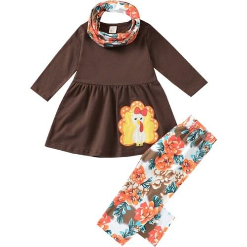Girl Thanksgiving Clothes Set, Turkey/Pumpkin Embroidery Long Sleeve O-neck Tops+Printed Trousers+Scarf