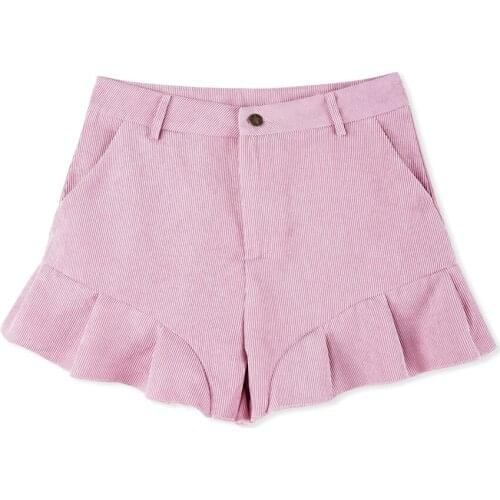 Summer Fashion High Waist Corduroy Women Shorts Ladies Streetwear Casual Ruffles Patchwork Wide Leg Short Femme Pink Shorts