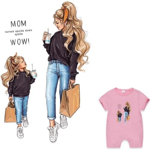 Shopping Mother Daughter Patches For Clothes Heat Transfer Clothing Stickers Eco-Friendly Washable Diy T-Shirt Stripe Patches