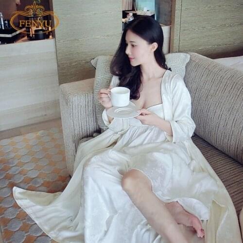 Free Shipping Womens Long Robe Royal Beige Sleepwear Embroidery Silk Satin Nightgown Two Pieces Set