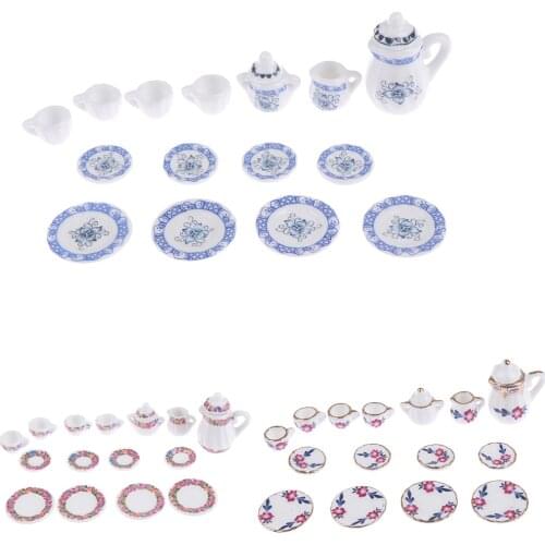 New 1:12 Miniature 15Pcs Porcelain Tea Cup Set Flower Tableware Kitchen Dollhouse Furniture Toys For Children