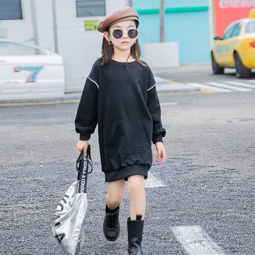 2021New Loose Springtime Childrens Hoodies Indie Kid Clothes Girls' With Thick Fleece Sweatshirt Dress Big Childrens Coat Long